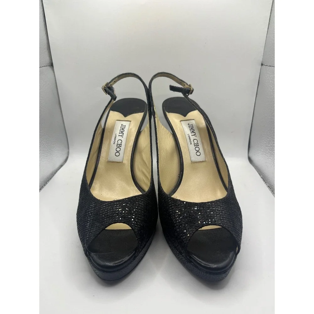 Jimmy Choo Glitter Peep Toe Slingback Heels Black Made‎ in Italy Size 38